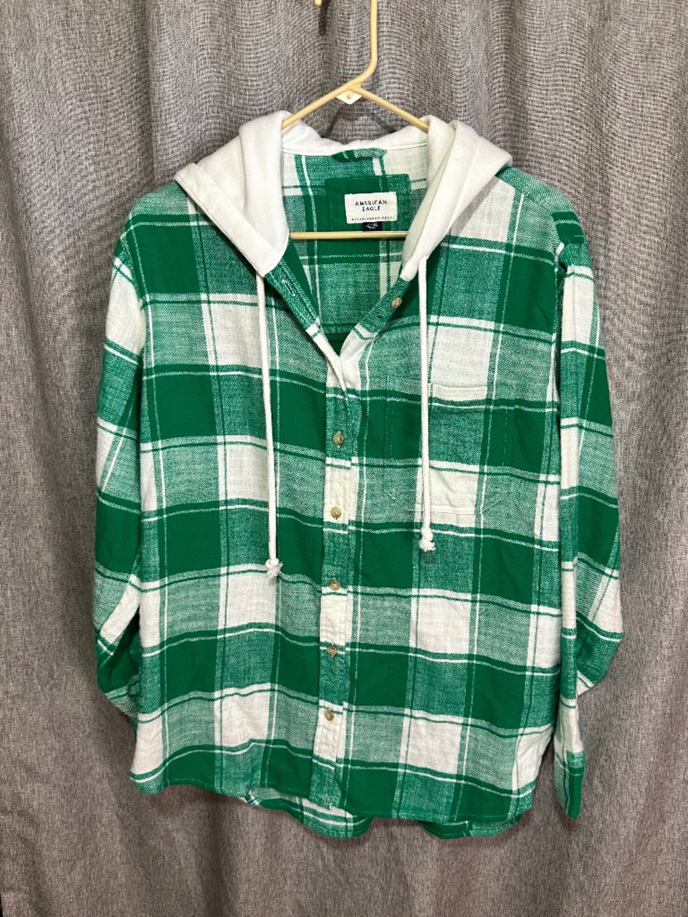 American Eagle Green Plaid Hooded Flannel Shacket Shirt Size Small